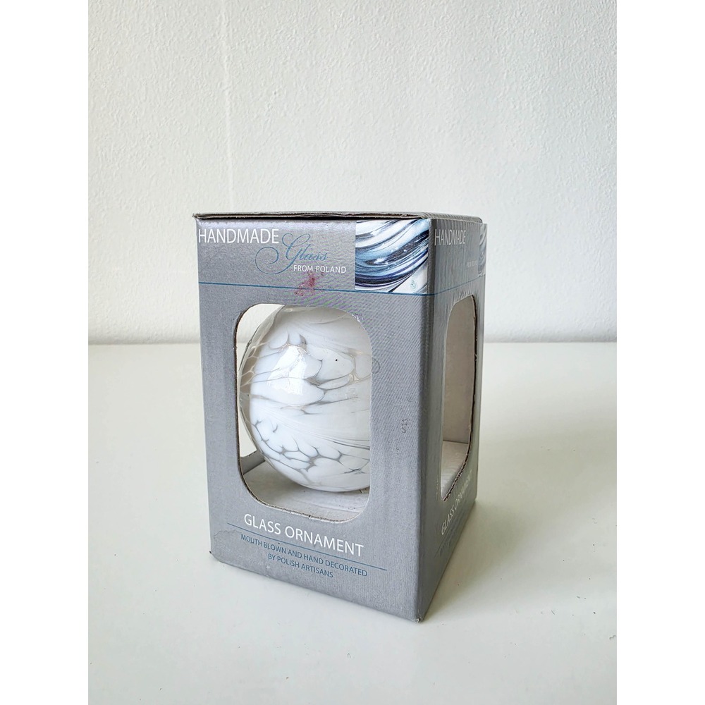 Hand Blown Glass Ornament White Swirl Zorza Made in Poland Handcrafted Boxed